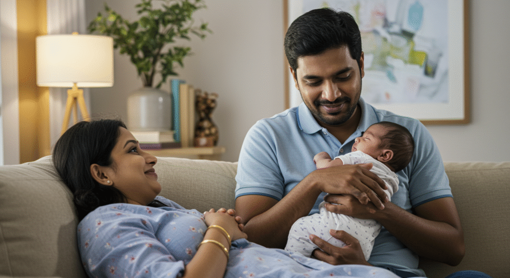 Indian father holding baby while mother rests, showing support during postpartum depression