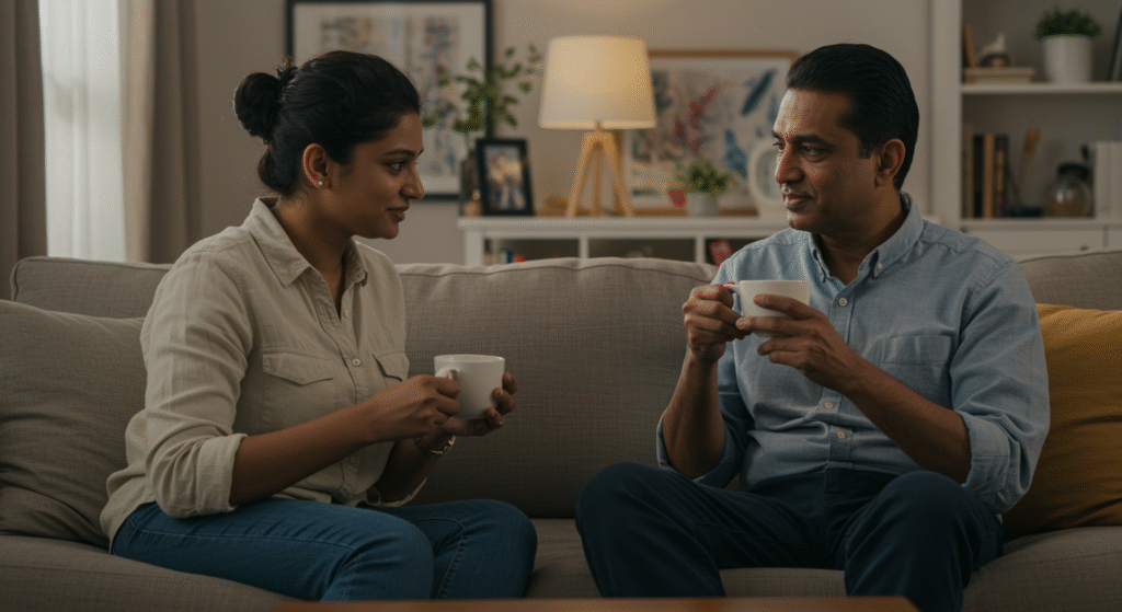 Indian parent and teenager sitting on sofa having an open conversation about online safety