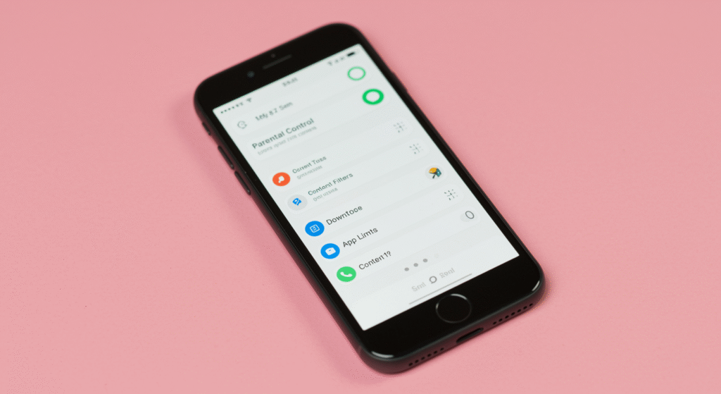 Close-up of parental control settings on smartphone showing screen time and app limits