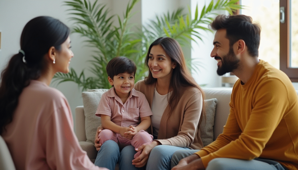 Indian family in parenting counselling session with counsellor offering emotional support