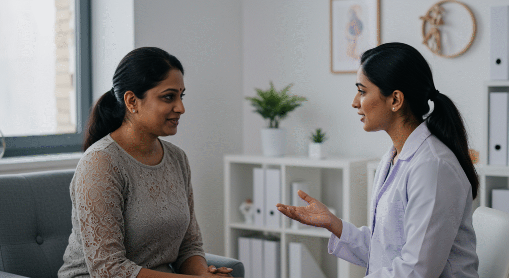 Indian mother in counselling session with therapist for postpartum depression support