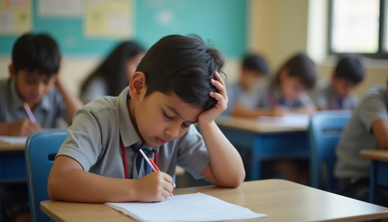 Sad Indian school child sitting alone in corridor highlighting mental health struggles