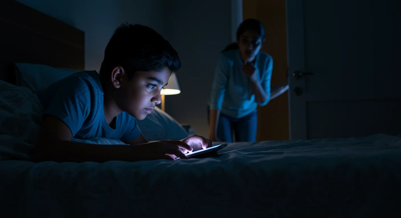 Indian teenager using smartphone late at night with parent watching concerned from doorway