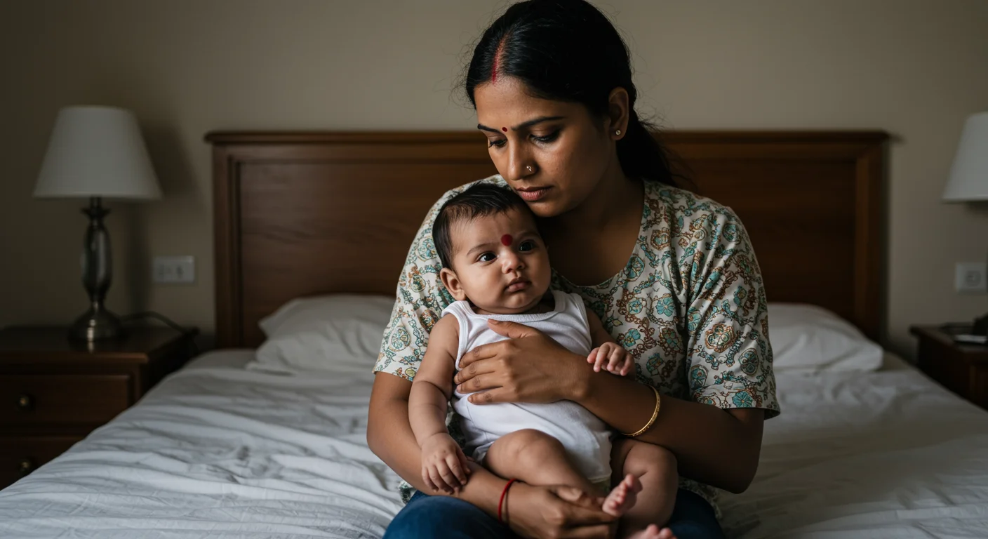 Indian mother looking sad while holding her newborn baby