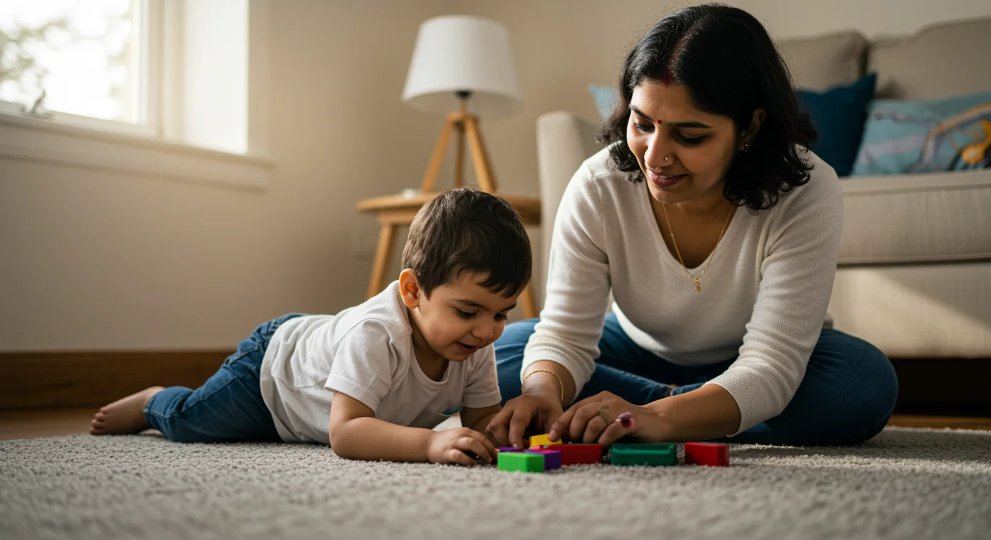 Indian mother playing with her autistic child at home with love and support