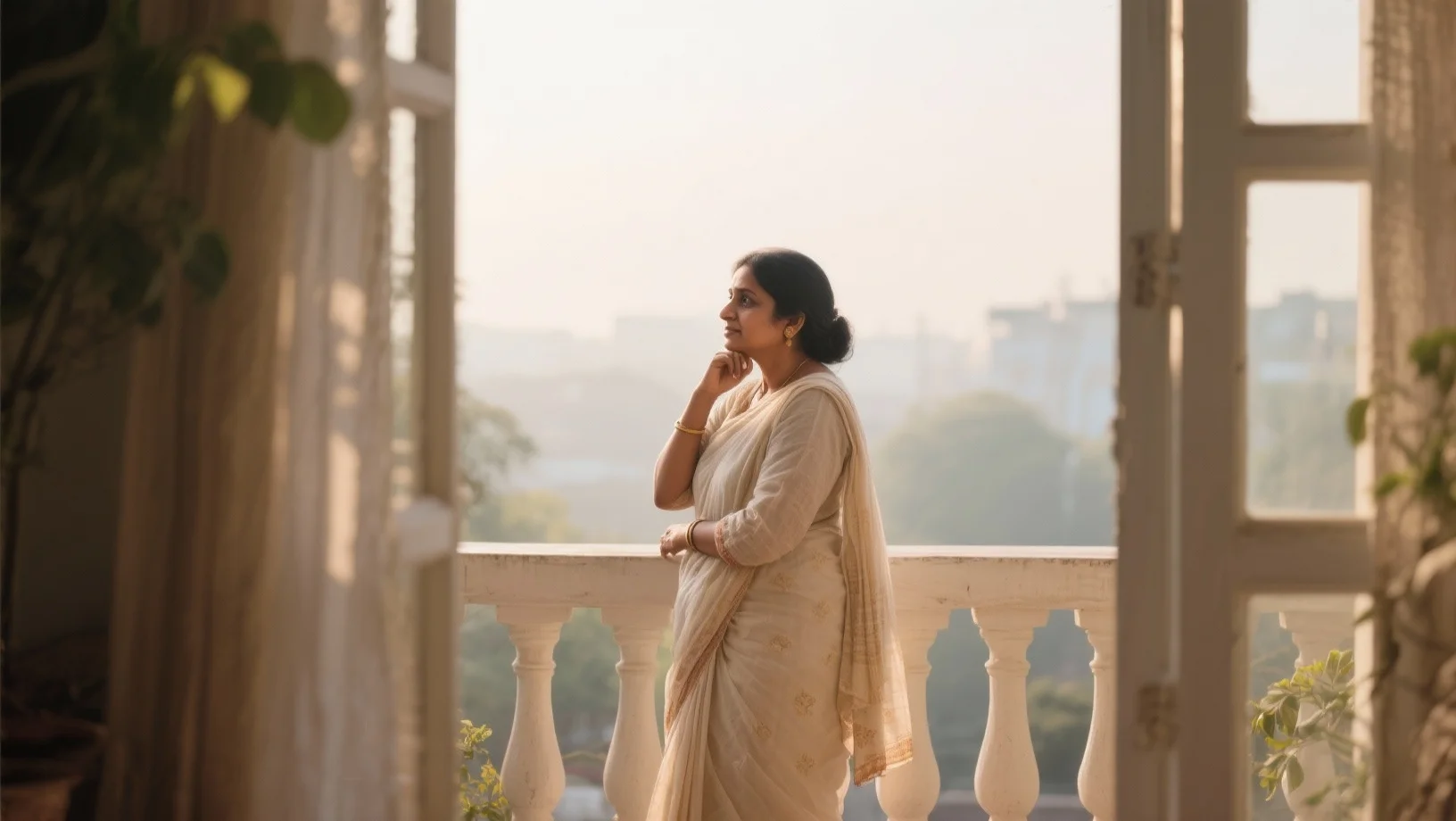 Indian mother standing in morning light looking hopeful and calm