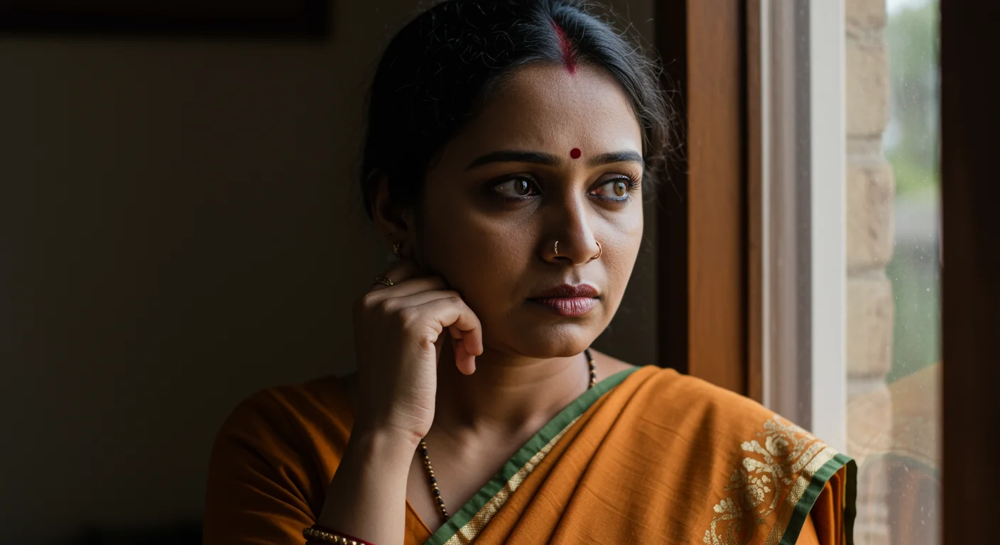 Indian mother sitting alone feeling stressed and overwhelmed.
